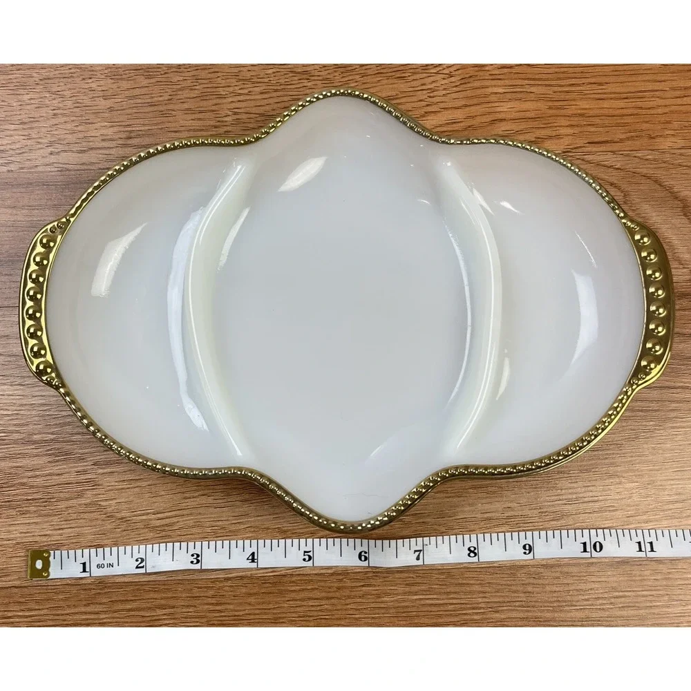 Anchor Hocking Fire King Milk Glass Retro Divided Candy Relish Dish‎ Gold Rim